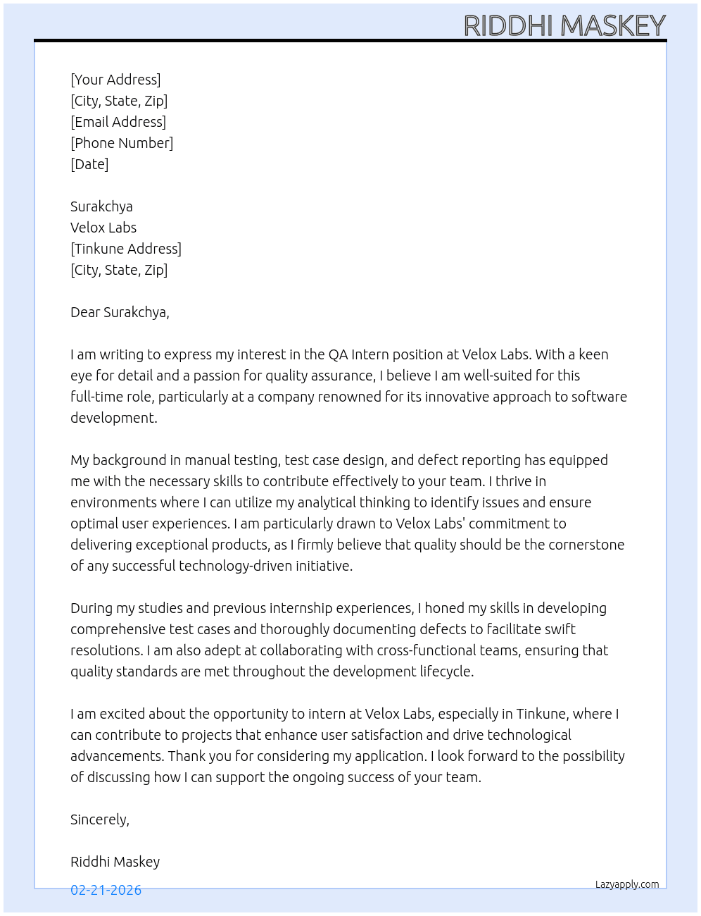 QA intern At Velox Labs  Cover Letter