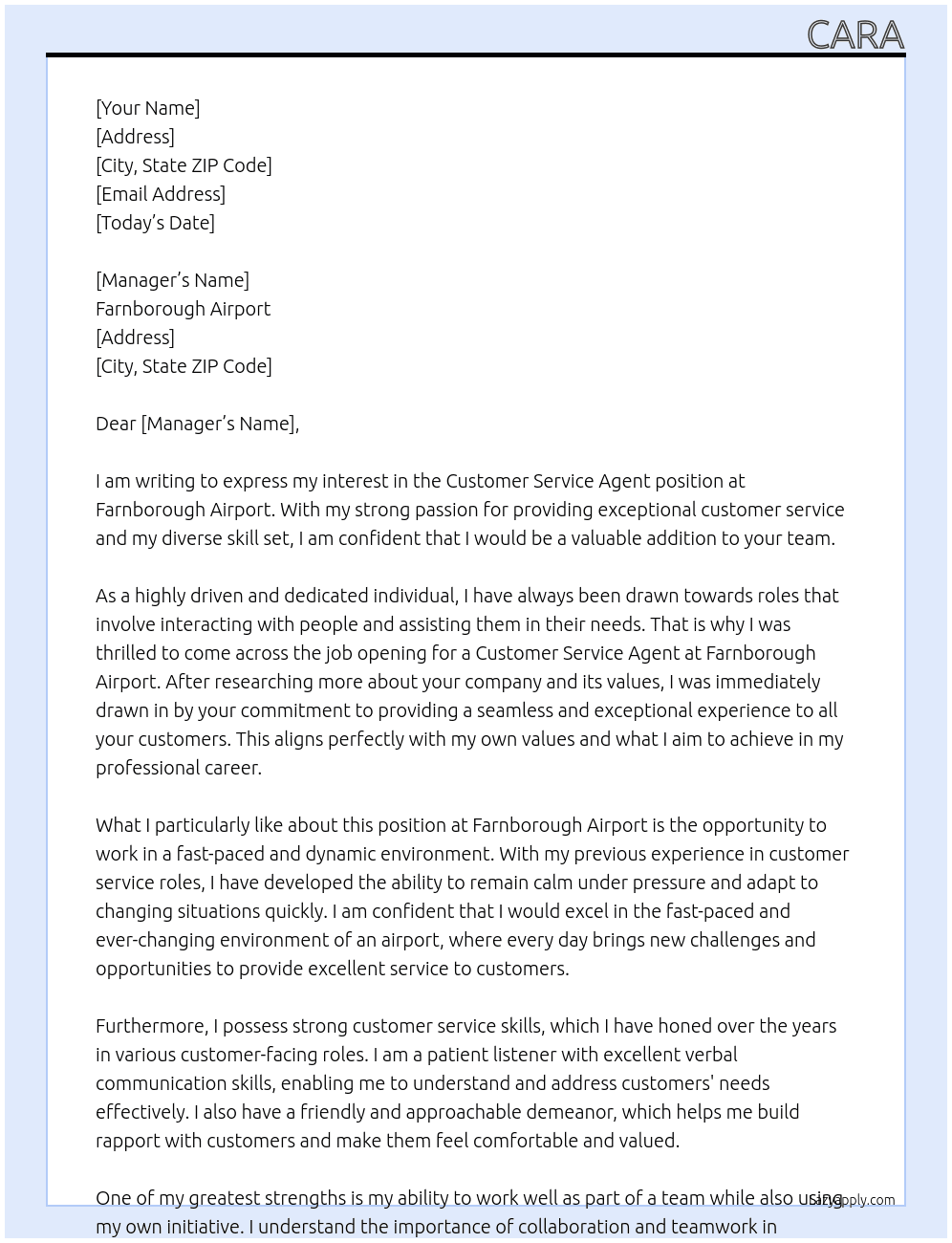 Customer service agent At Farnborough airport  Cover Letter