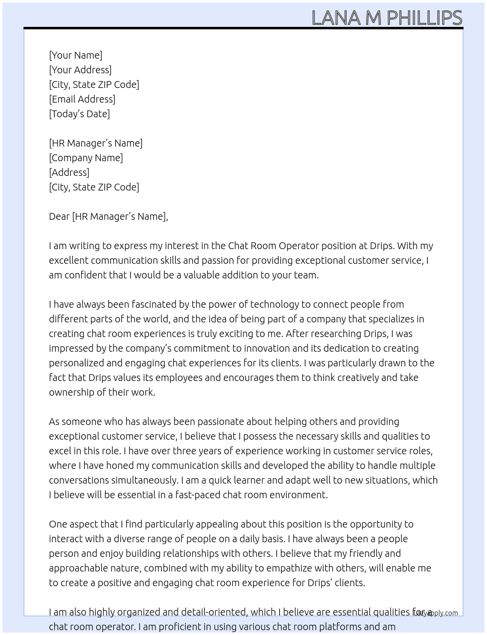 Cover letter for chat room operator - LazyApply