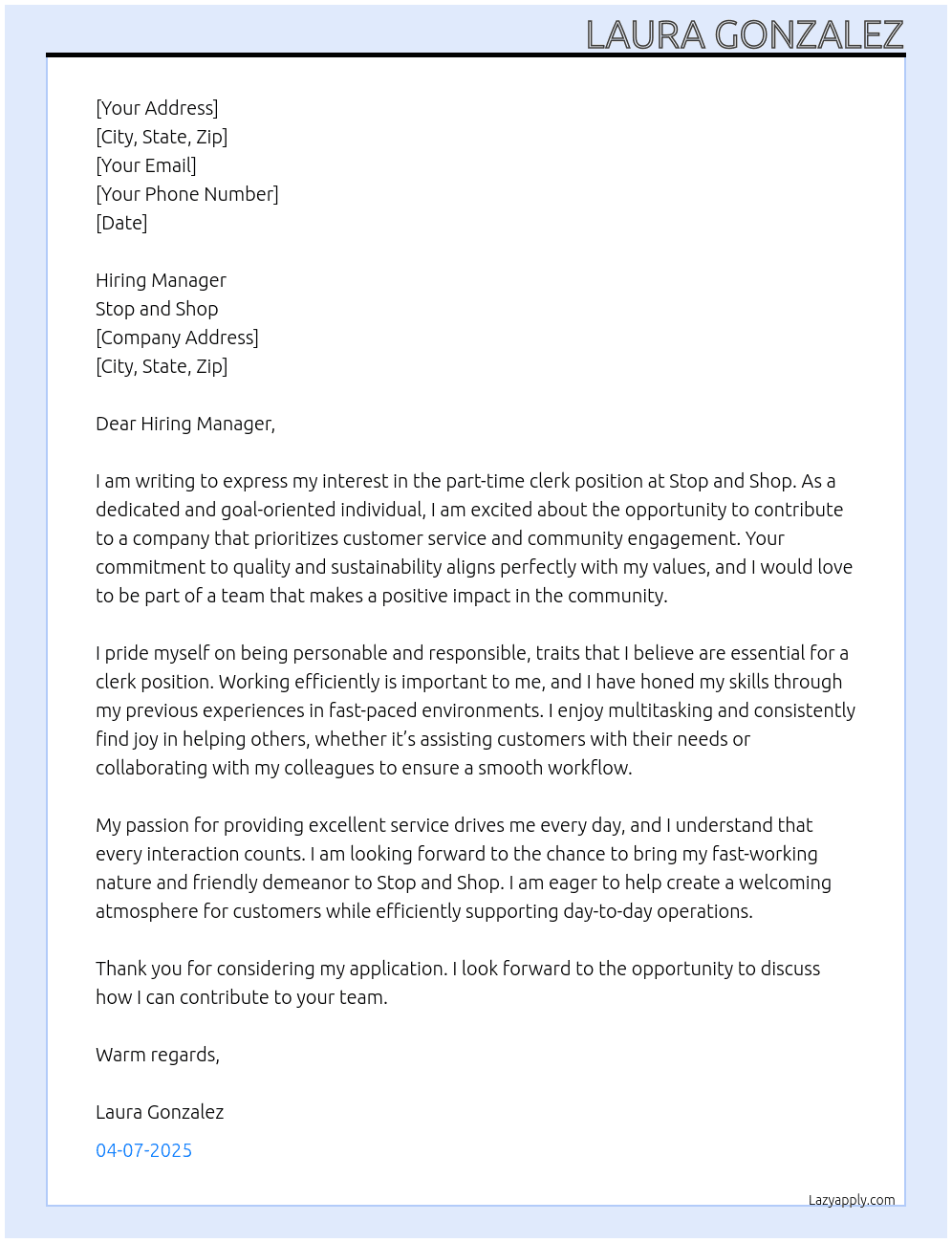  clerk At Stop and shop  Cover Letter