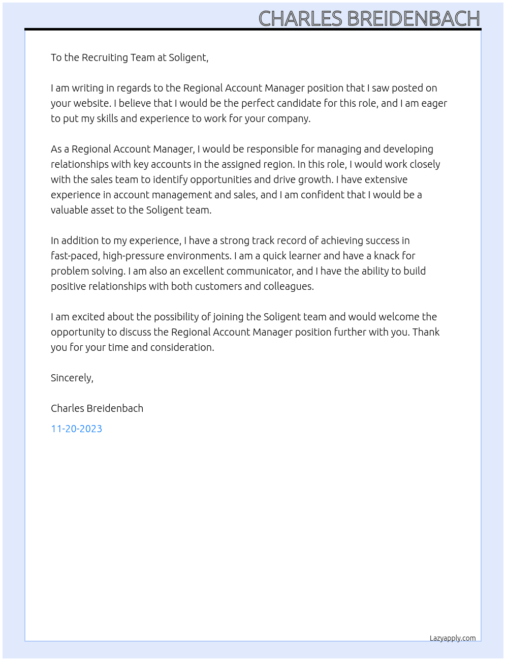 Regional Account Manager At Soligent Cover Letter