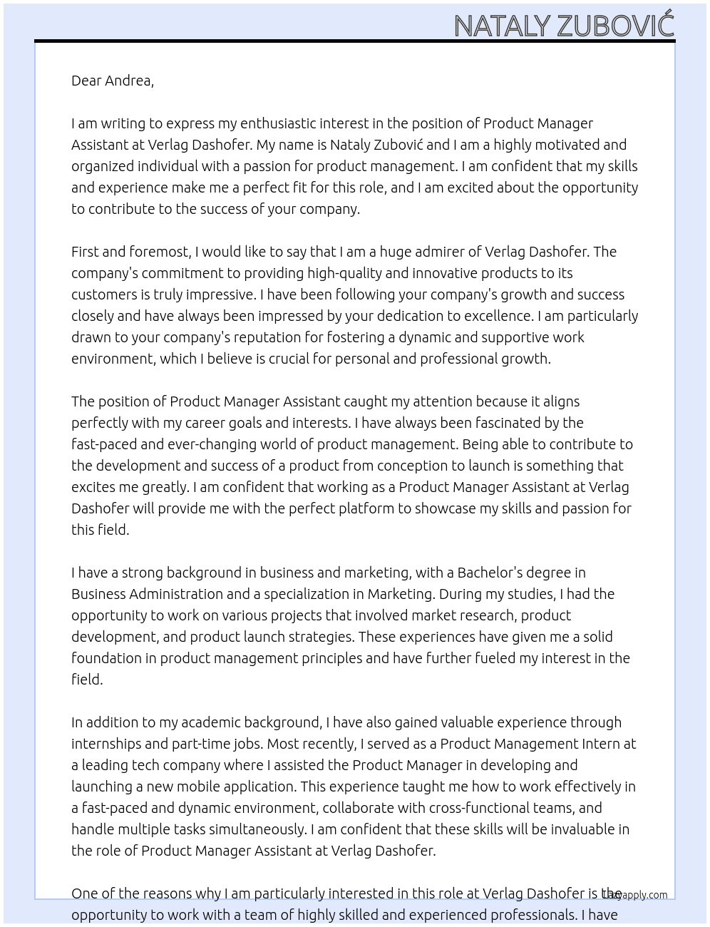 Product Manager Assistant At Verlag Dashofer Cover Letter