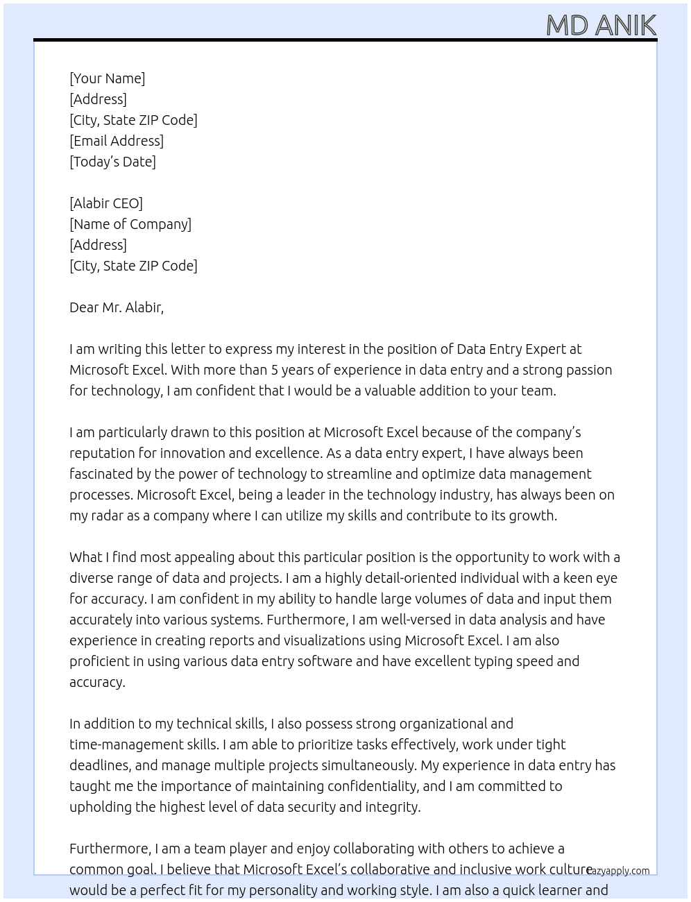 Data entry expert At Microsoft Excel  Cover Letter