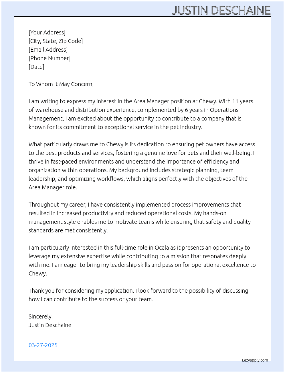 Area Manager At Chewy Cover Letter