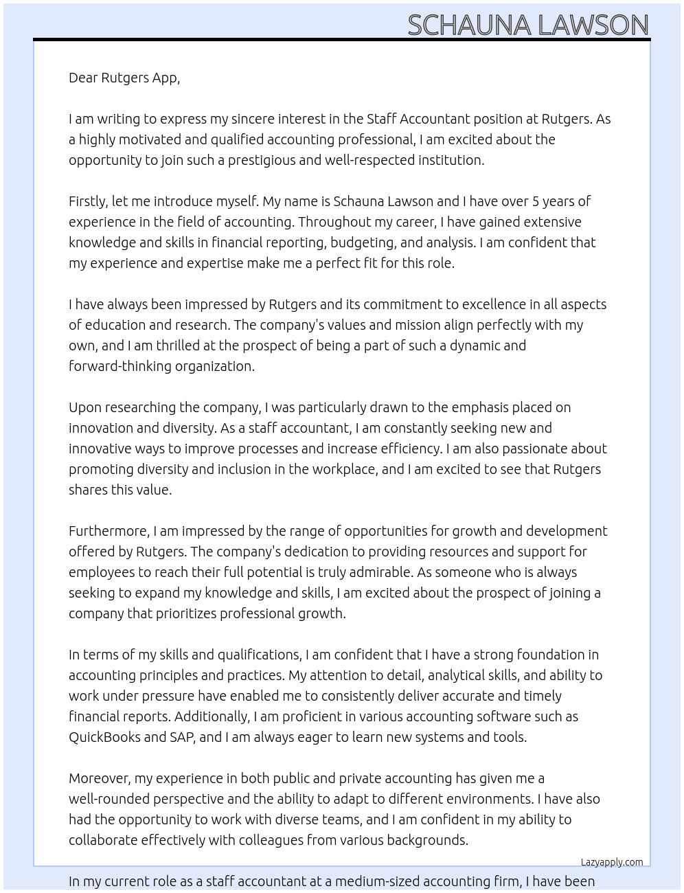 Staff accountant At Rutgers Cover Letter