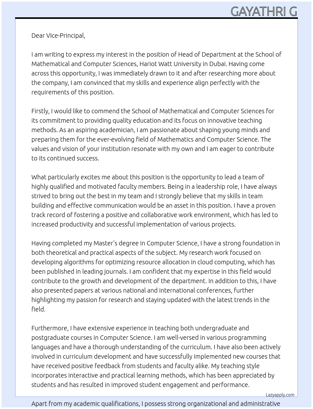 Head of Department At School of Mathematical and Computer Sciences, Hariot Watt University, Dubai Cover Letter