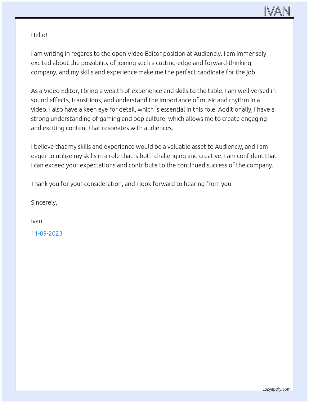 Video Editor At Audiencly Cover Letter