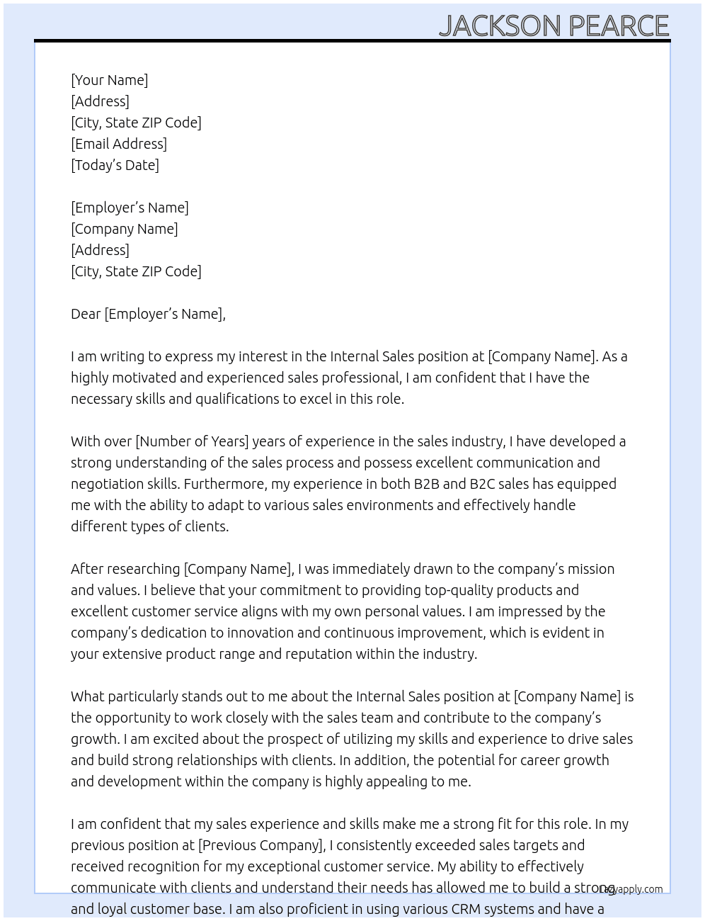 Internal sales At N/a Cover Letter