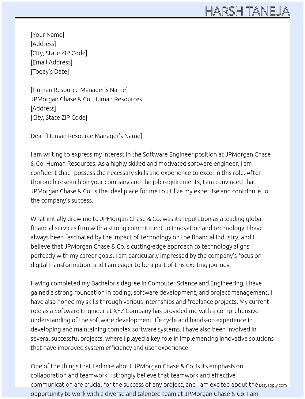 Software Engineer At  JPMorgan Chase & Co. Human Resources Cover Letter