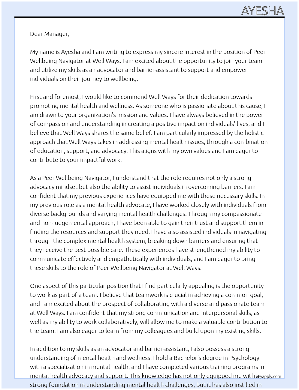Peer Wellbeing Navigator At Well Ways Cover Letter