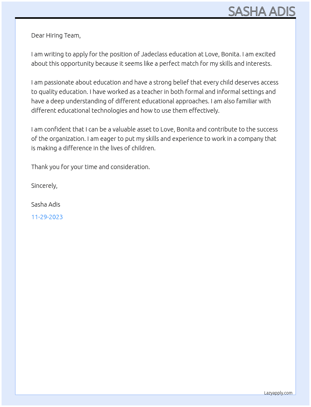 jadeclass education At love,bonita Cover Letter