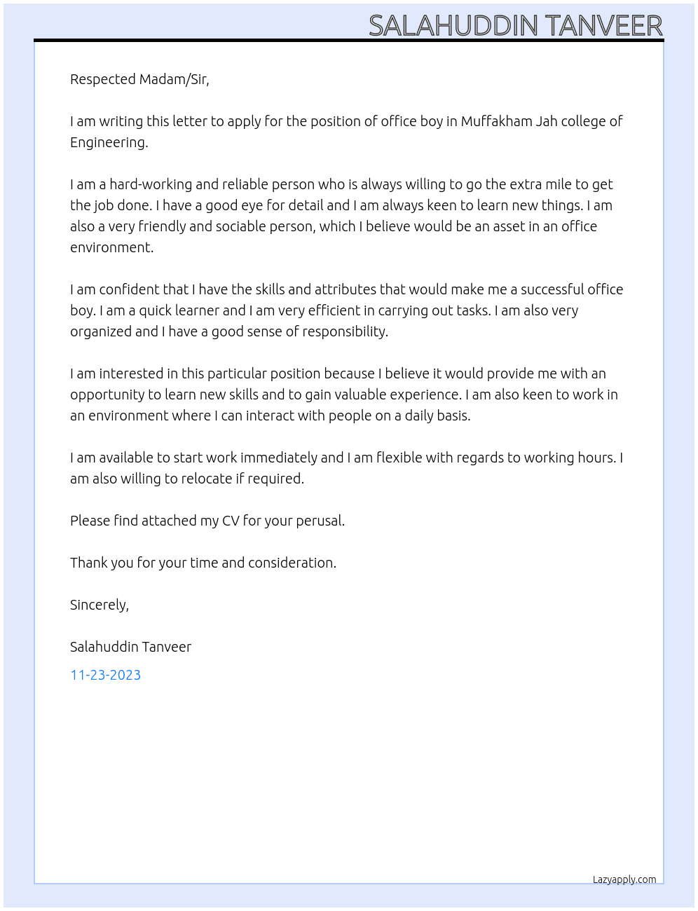 OFFICE BOY At Muffakham Jah college of Engineering  Cover Letter
