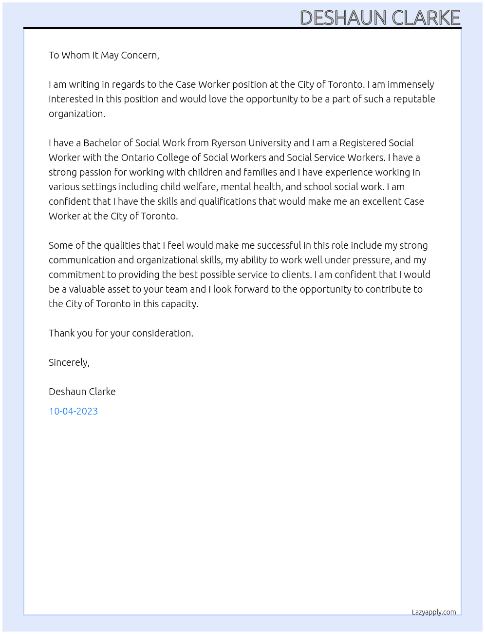 Case worker At City of toronto Cover Letter