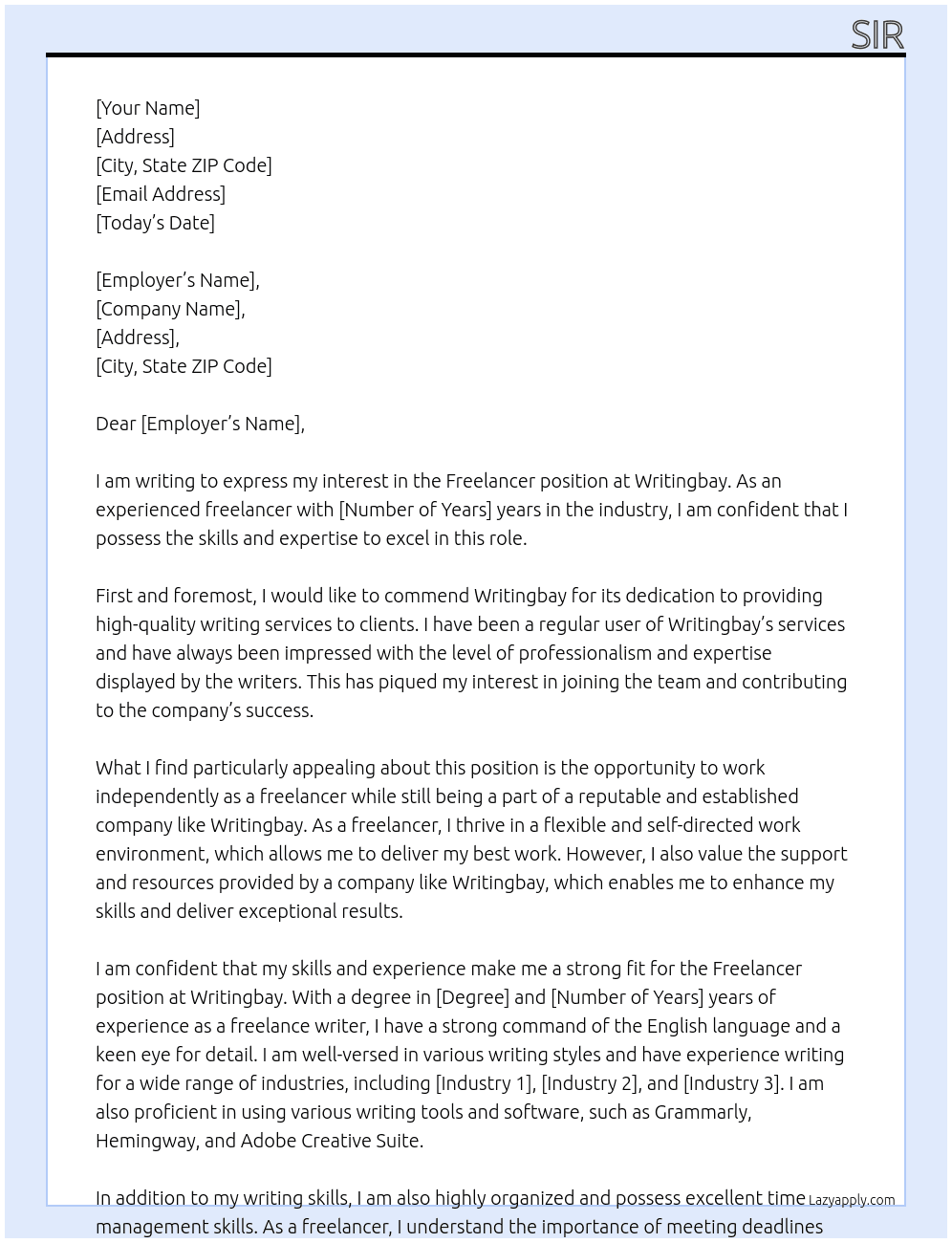 Freelancer At Writingbay Cover Letter