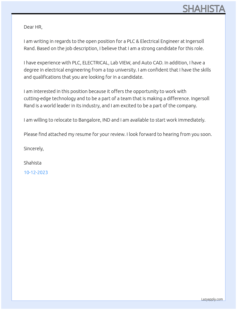 PLC & Electrical Engineer At ingersoll rand Cover Letter