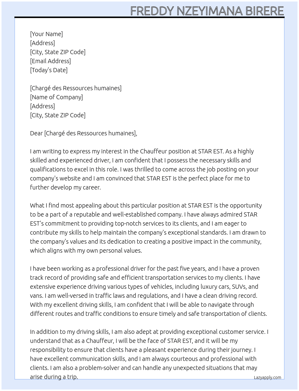 Chauffeur At STAR EST Cover Letter