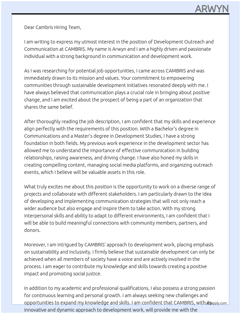 Development Outreach and Communication At CAMBRIS Cover Letter