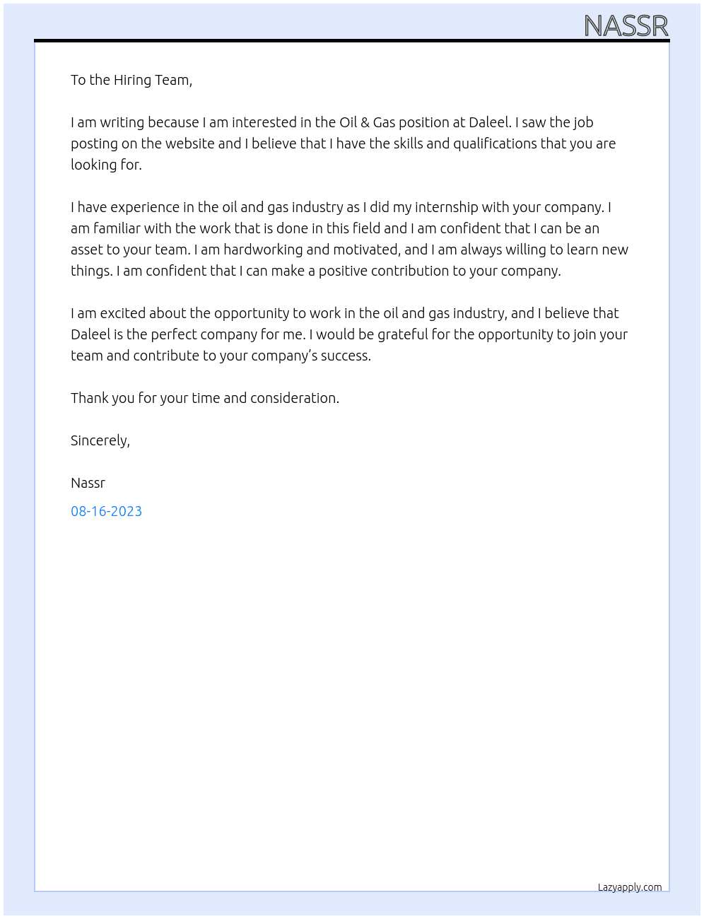 Oil & gas  At Daleel  Cover Letter