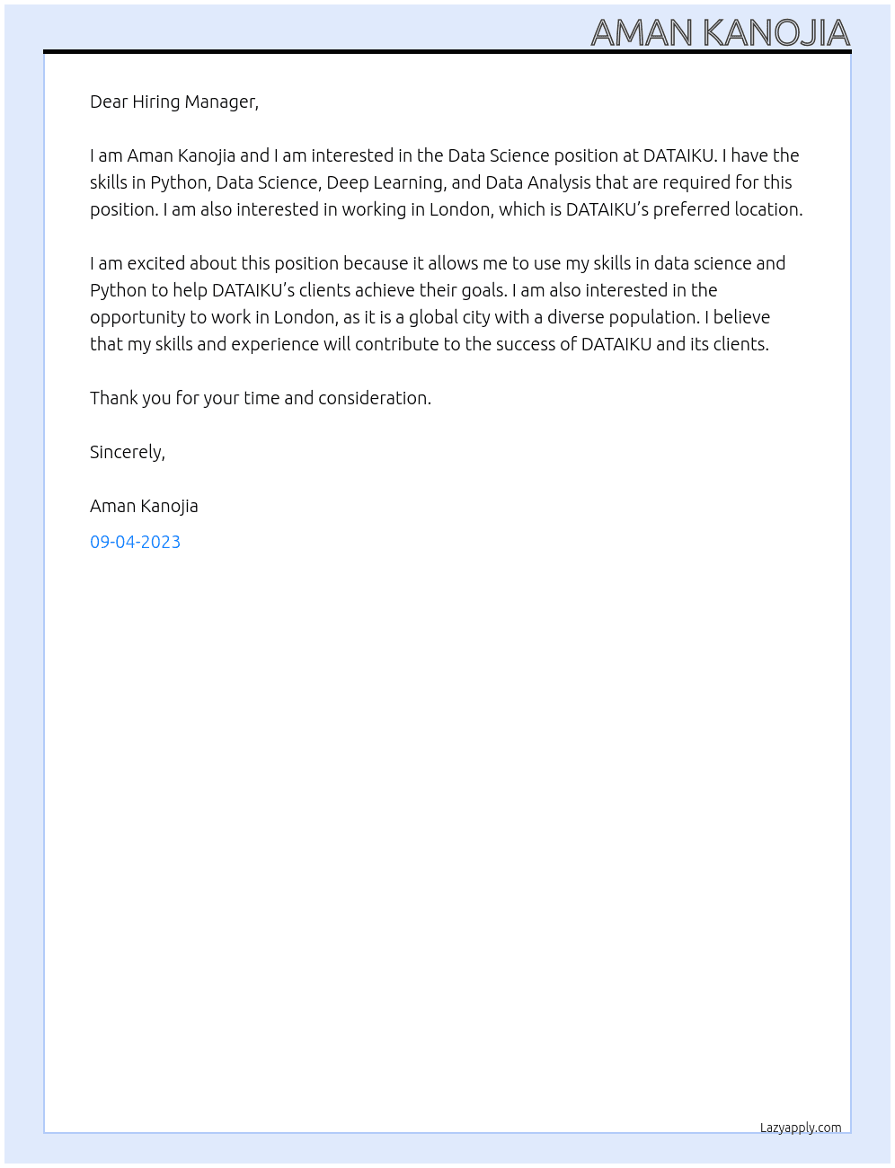 Data Science At DATAIKU Cover Letter