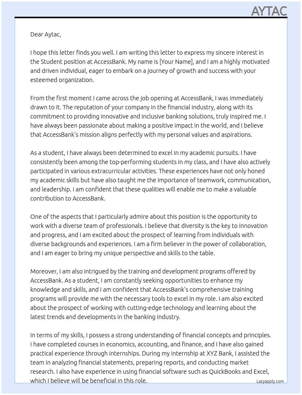 Student At AccessBank Cover Letter