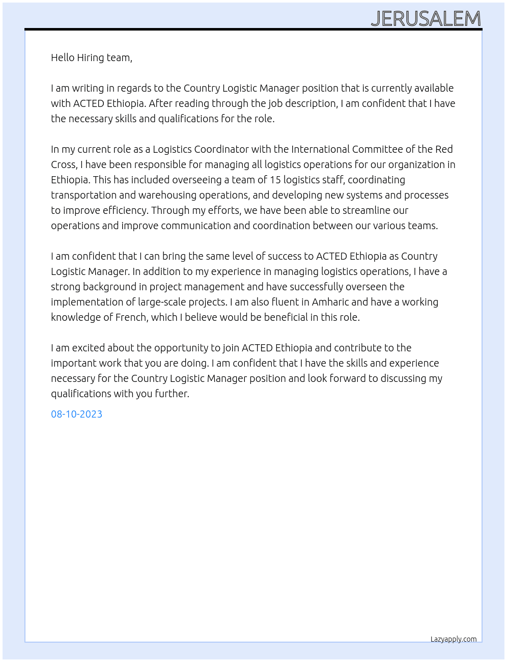  Country Logistic Manager At ACTED Ethiopia Cover Letter