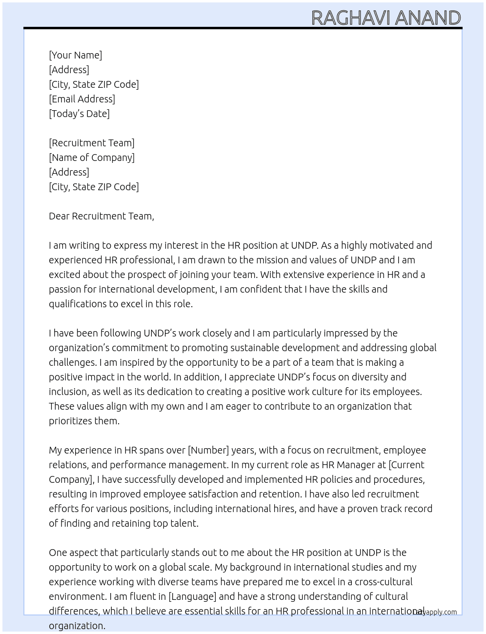 HR At UNDP Cover Letter