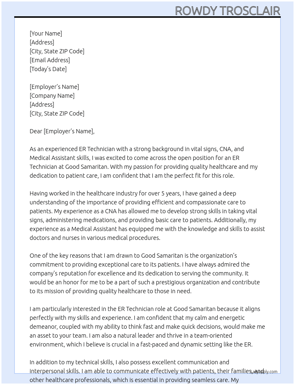 ER Teechnician At Good Samaratain Cover Letter