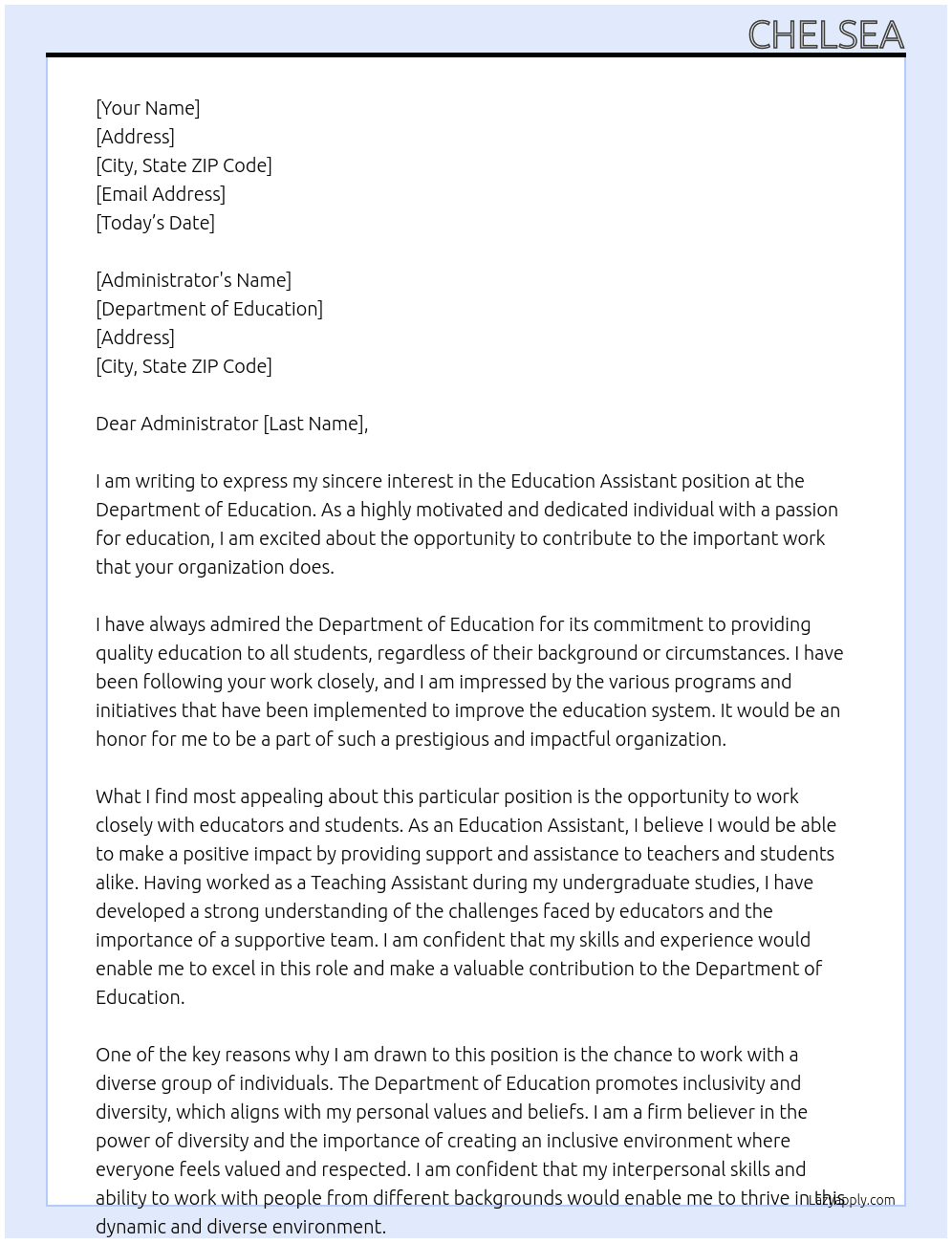 Education Assistant At Department of Education Cover Letter