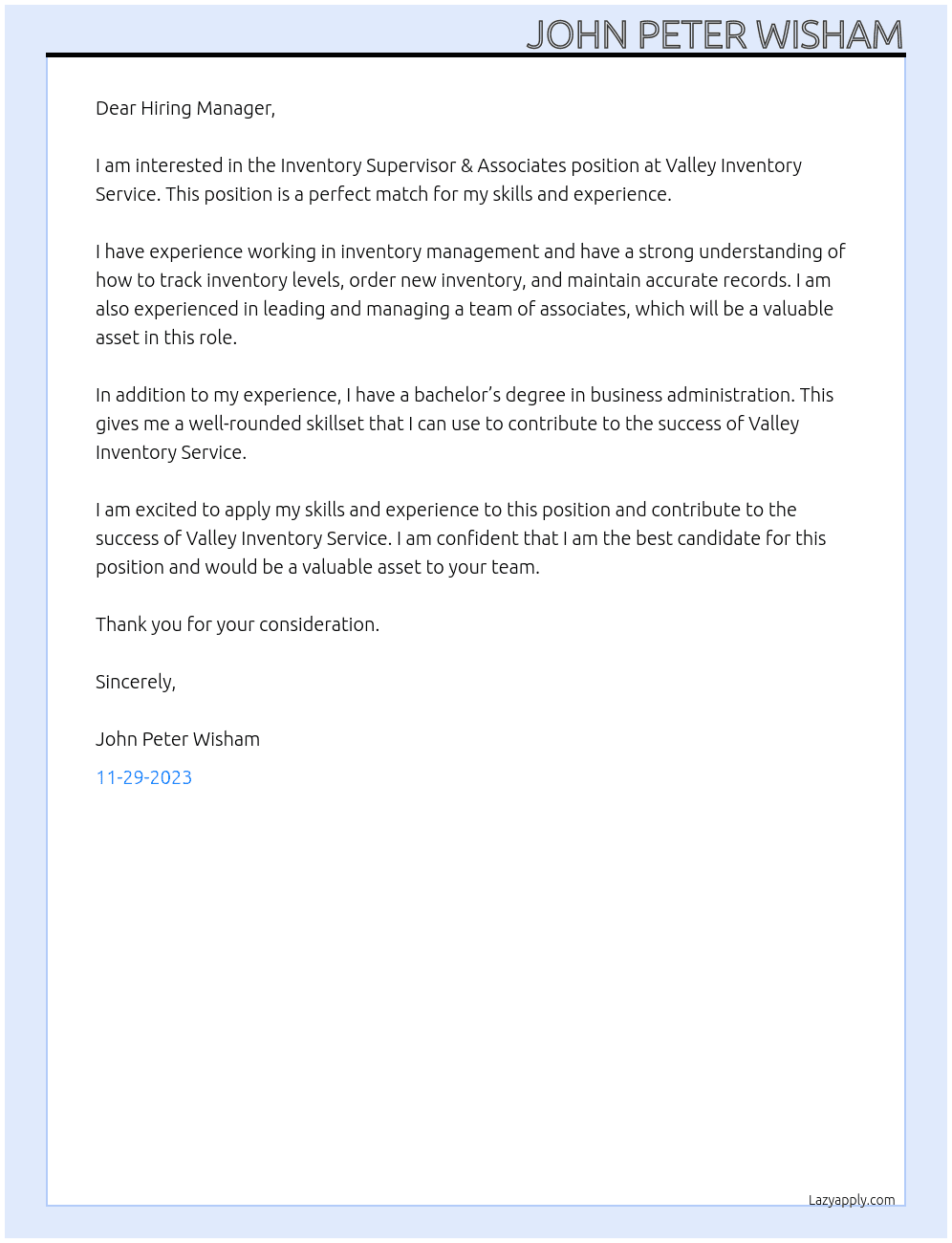 Inventory Supervisor & Associates At Valley Invntory Service Cover Letter