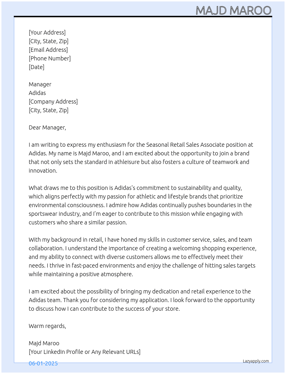 Cover letter for seasonal retail sales associate - LazyApply