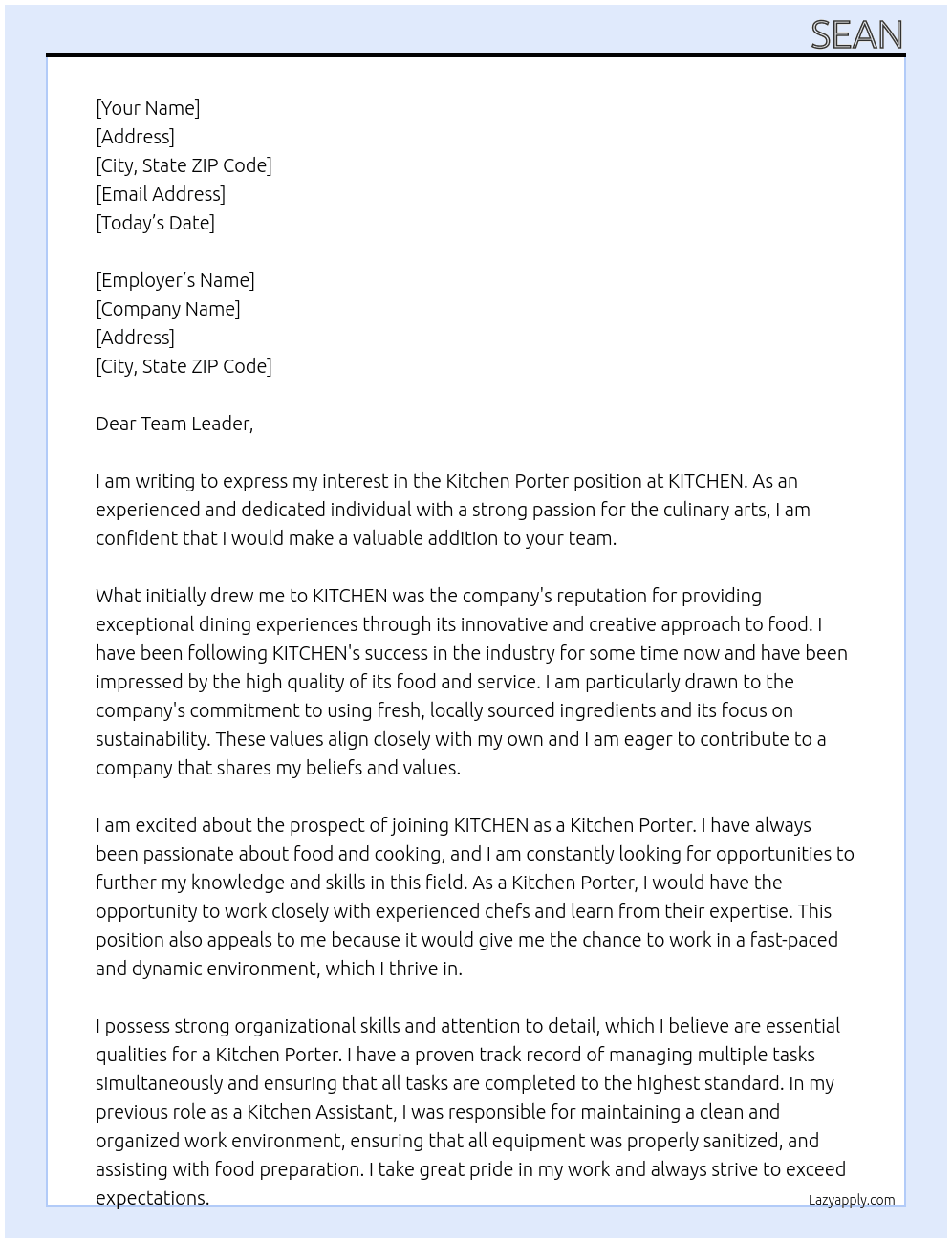 Kitchen porter  At KITCHEN  Cover Letter