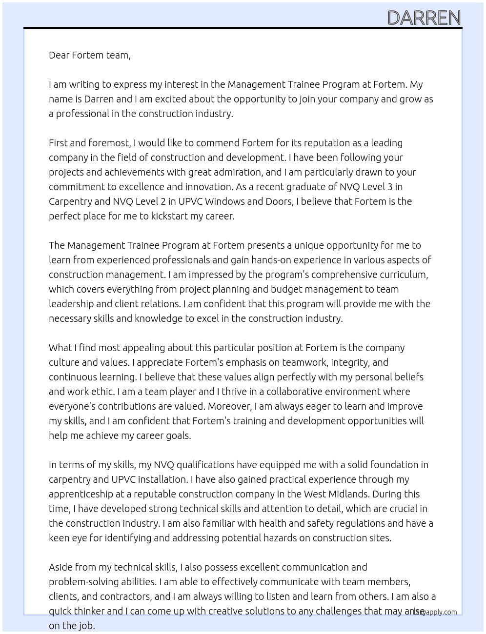 Management trainee program At Fortem Cover Letter
