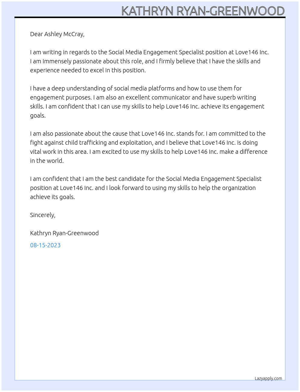 Social Media Engagement Specialist At Love146 Inc. Cover Letter