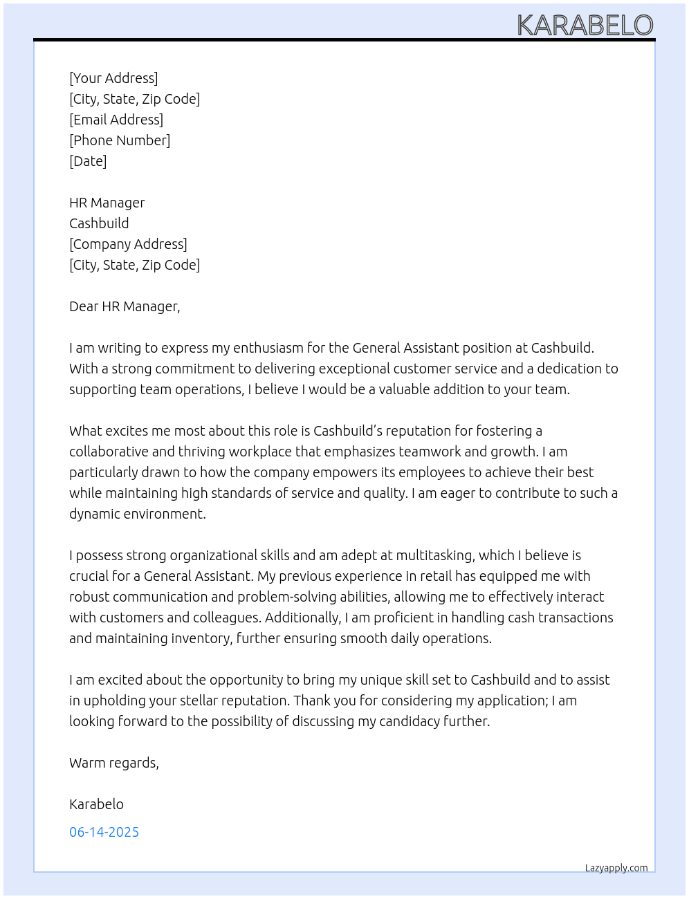 General assisant At Cashbuild Cover Letter