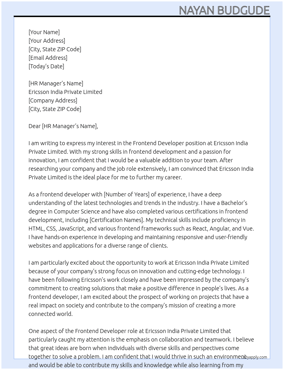 Frontend Developer At Ericsson India Private Limited Cover Letter