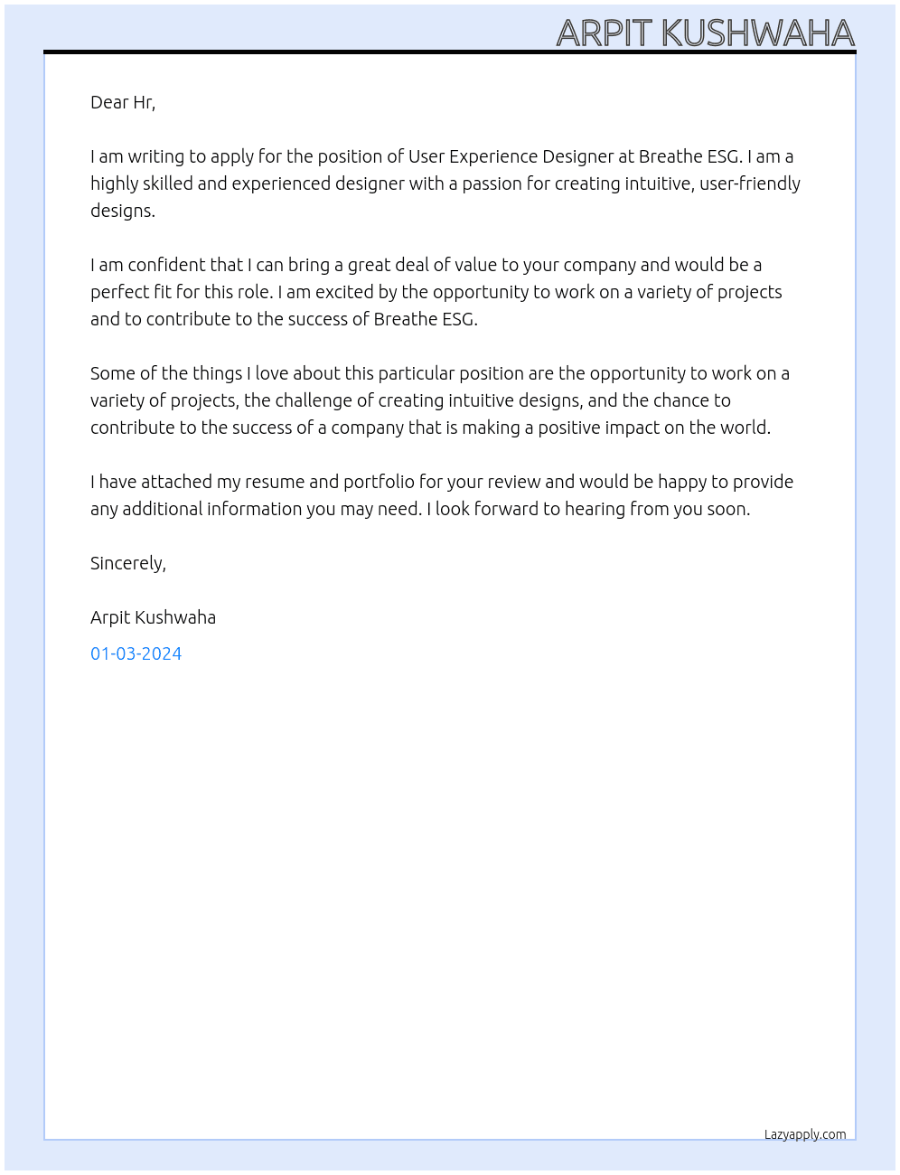User experience designer  At Breathe ESG Cover Letter
