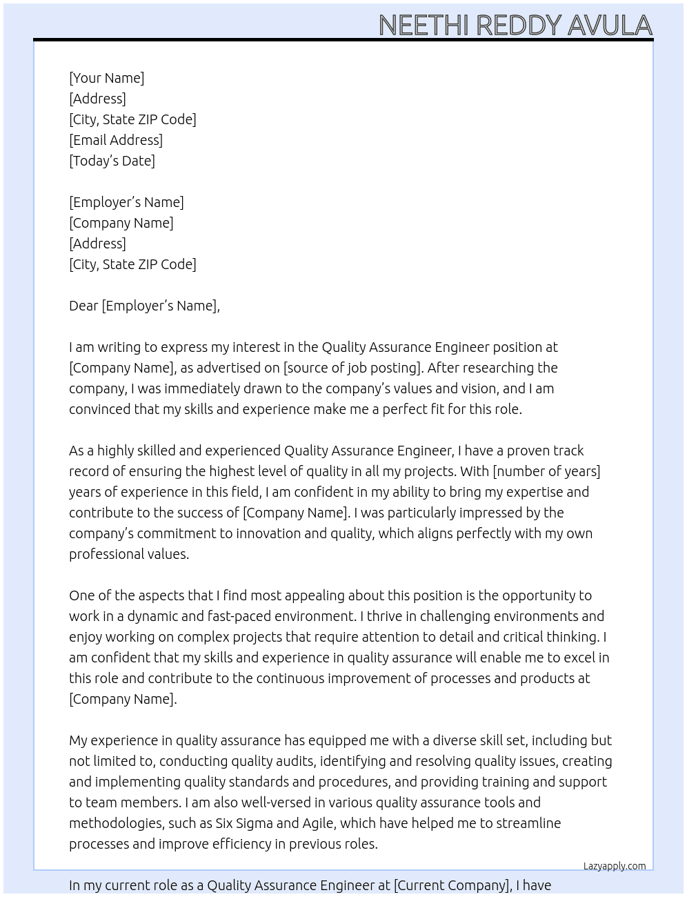 Quality Assurance Engineer At NA Cover Letter