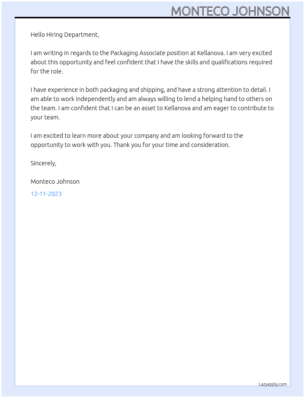 Packaging Associate At Kellanova Cover Letter