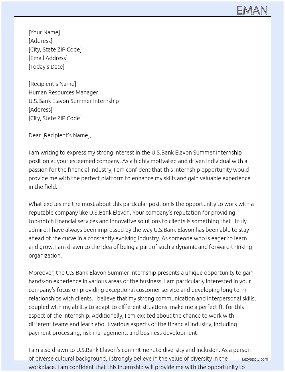 U.S.Bank Elavon Summer Internship At U.S.Bank Elavon Summer Internship Cover Letter