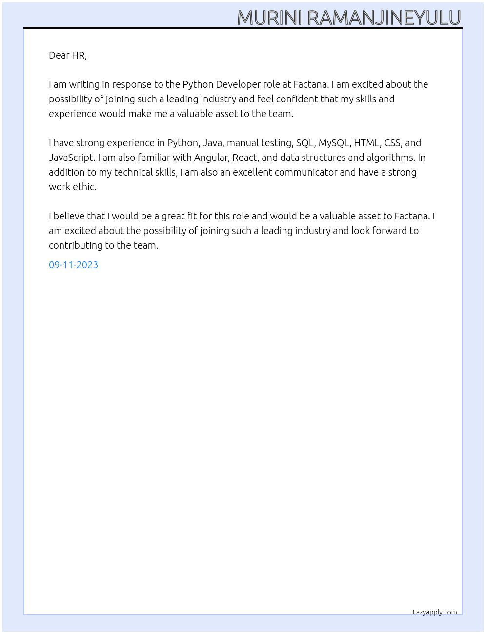 python developer At Factana is a leading Industry Cover Letter