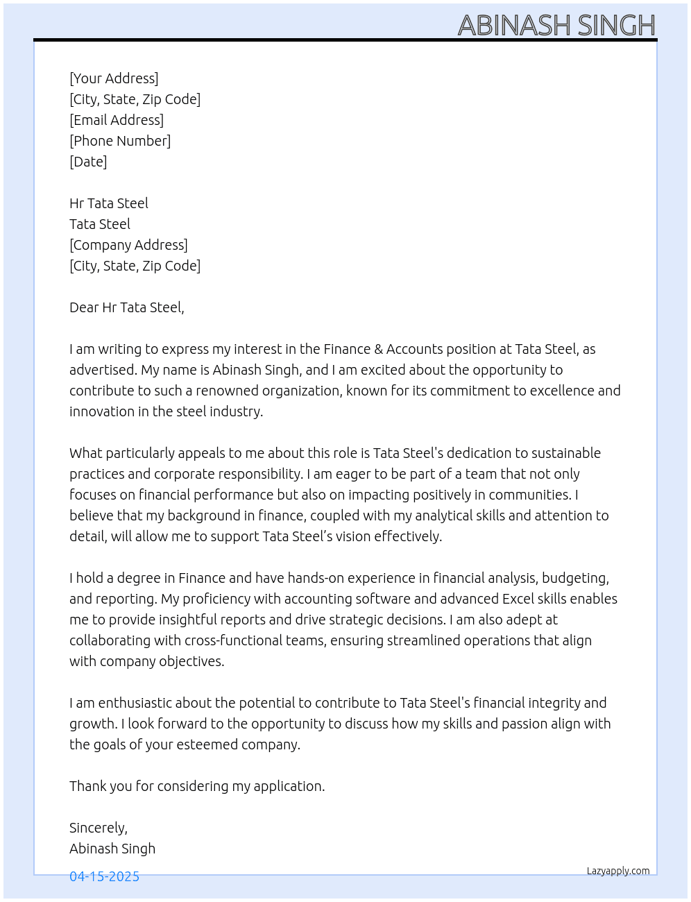 Cover letter for finance &accounts - LazyApply