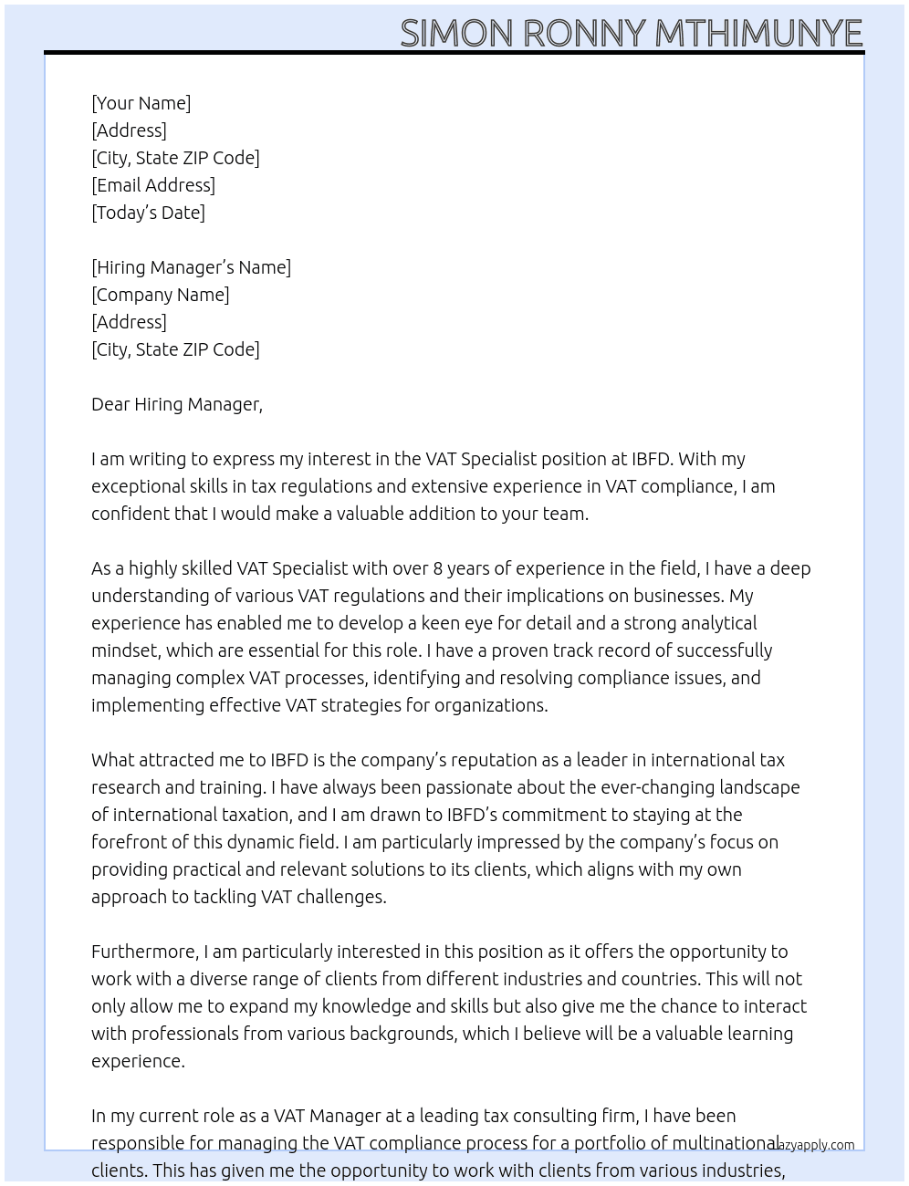 VAT Specialist At IBFD Cover Letter