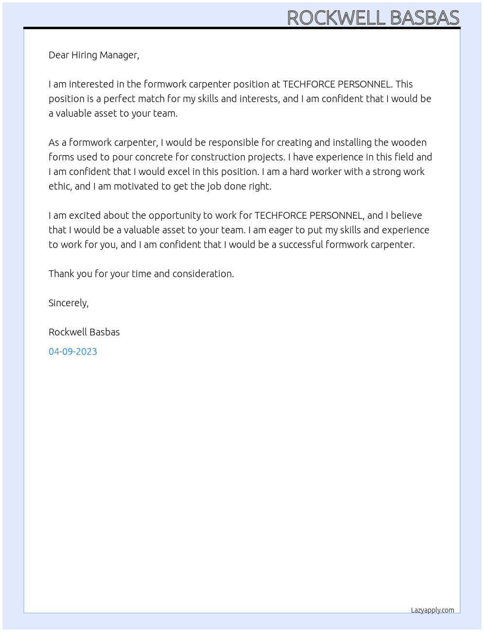formwork carpenter At TECHFORCE PERSONNEL Cover Letter