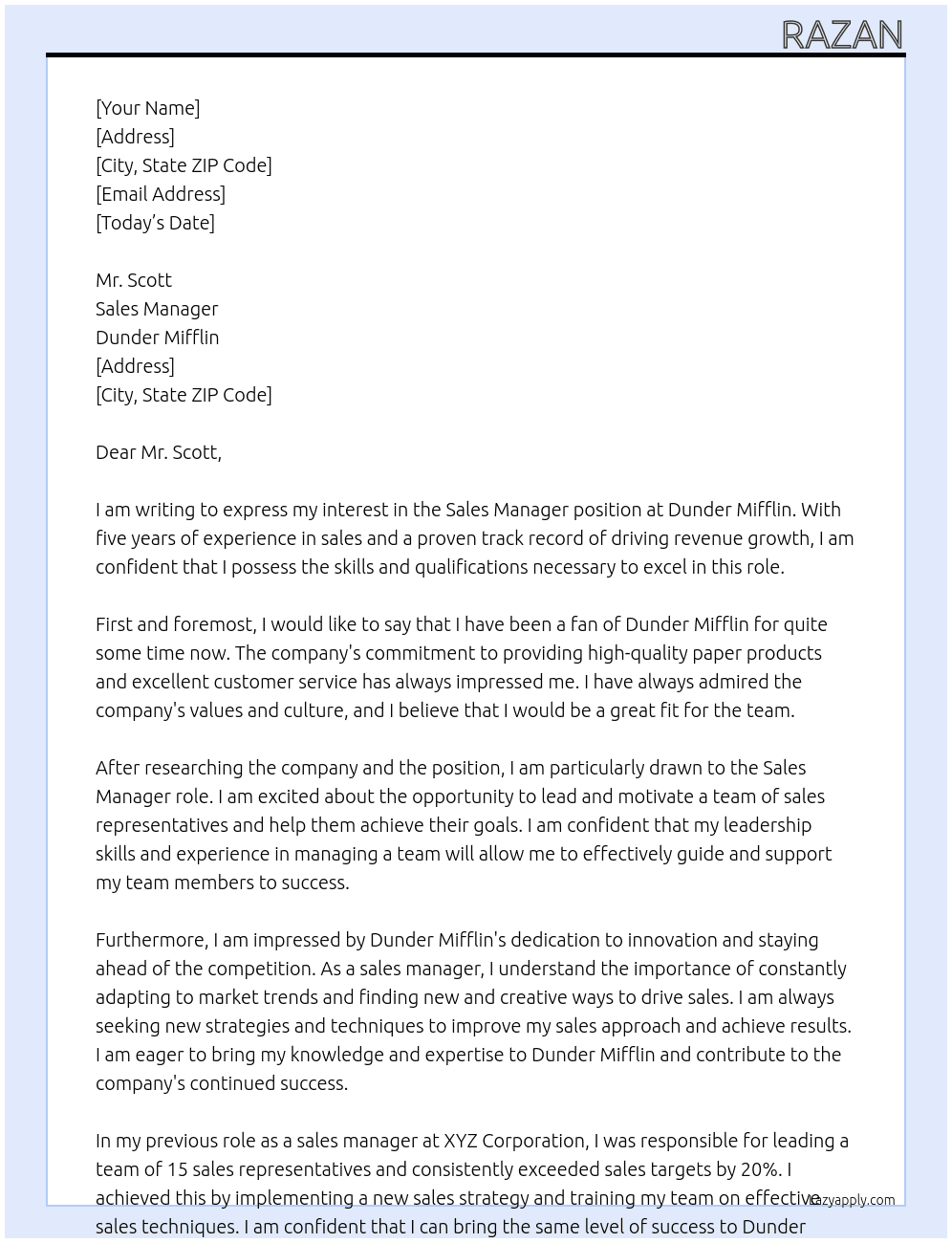 Sales manager At Dunder Mifflin Cover Letter