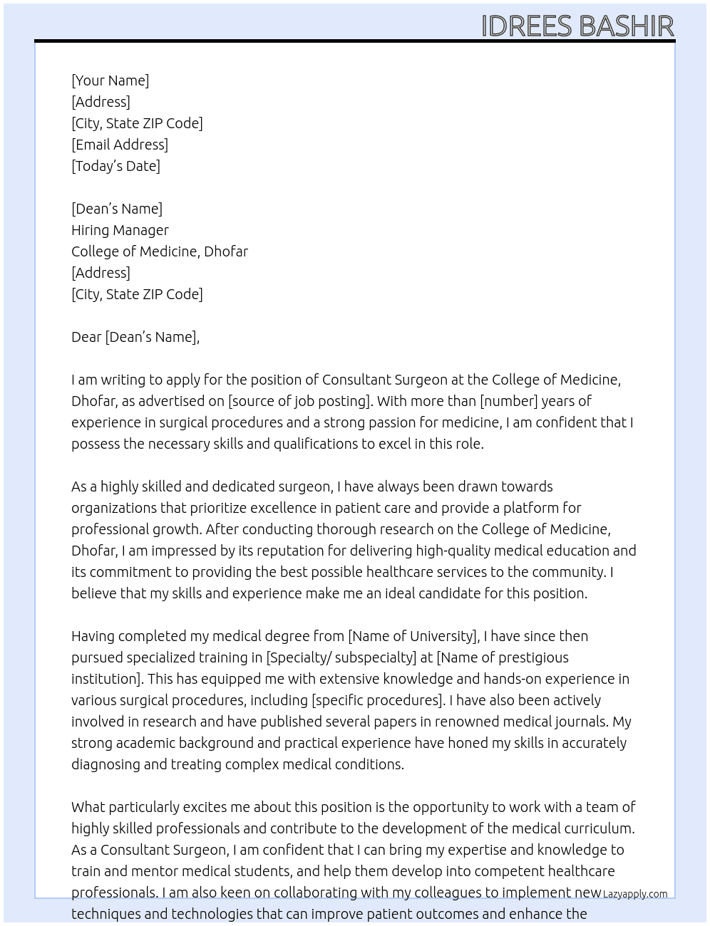 Consultant Surgeon At College of Medicine, Dhofar Cover Letter