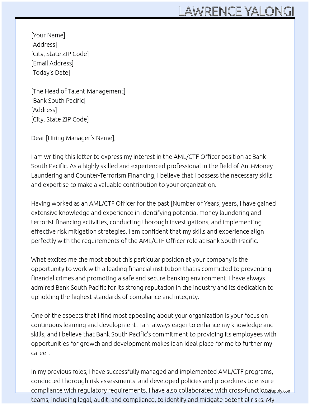 AML/CTF OFFICER At BANK SOUTH PACIFIC Cover Letter