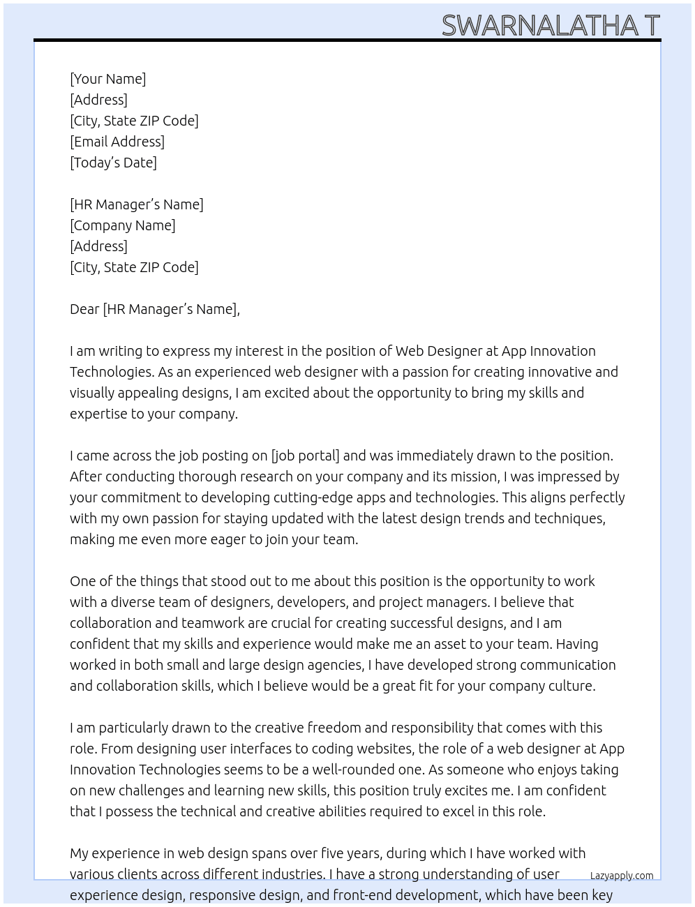 web designer At app innovatin technologies Cover Letter