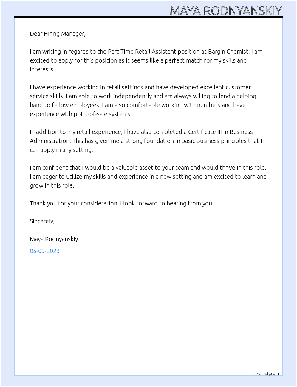 Part Time Retail Assistant At Bargin Chemist Cover Letter