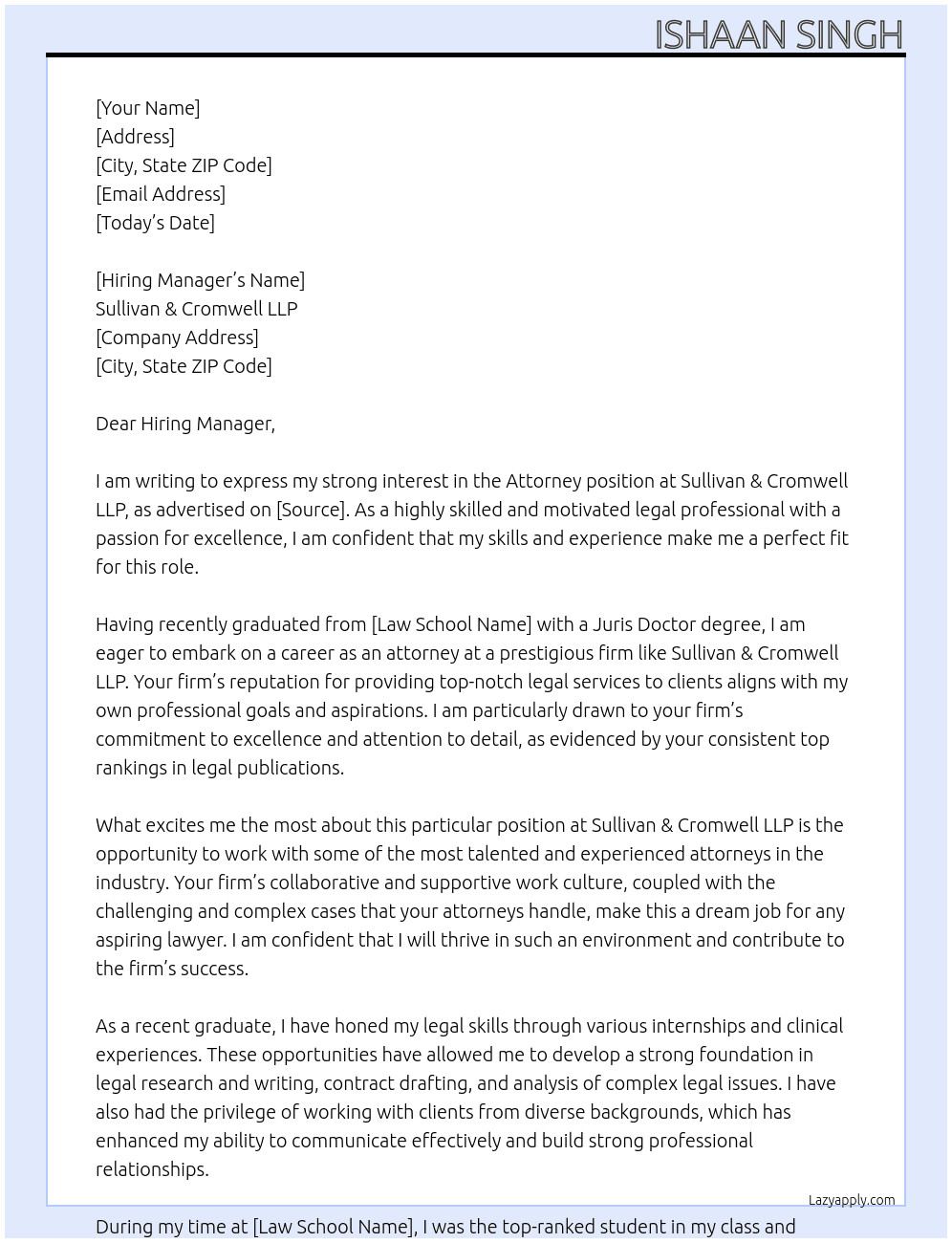 attorney At Sullivan & Cromwell LLP Cover Letter