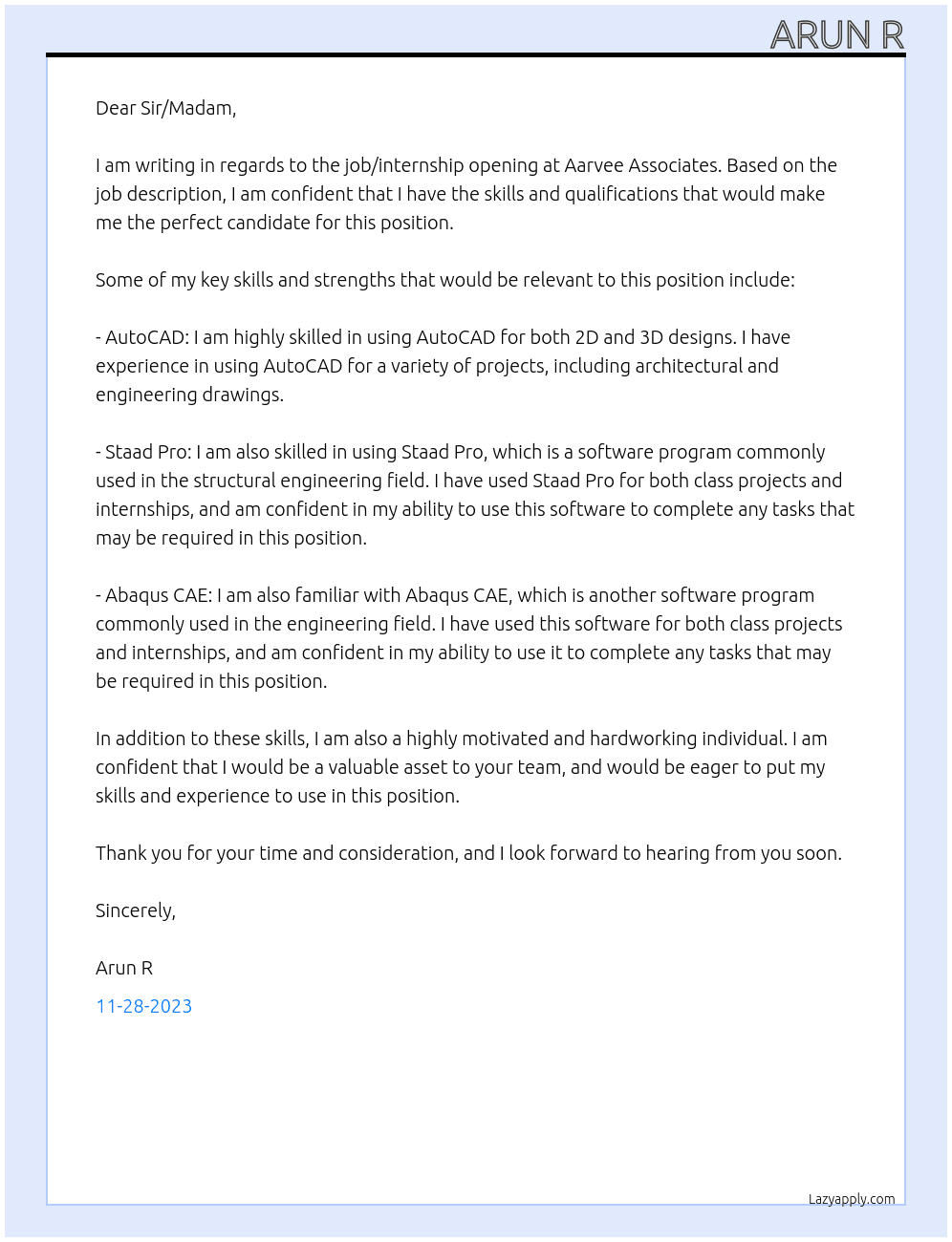 Job/Internship  At Aarvee Associates  Cover Letter